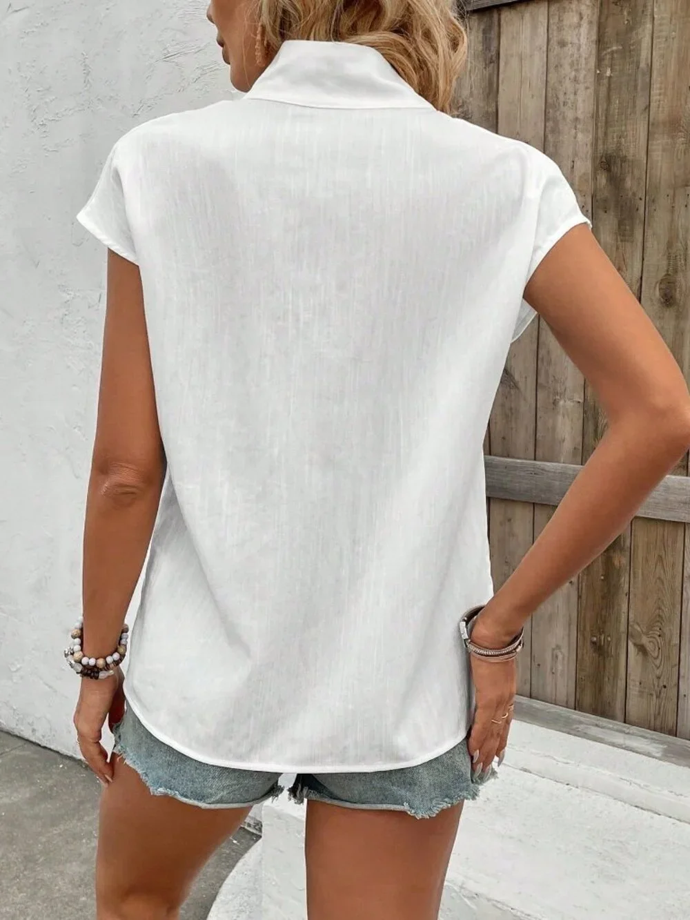 White Casual Women's Stand Collar Button Shirt